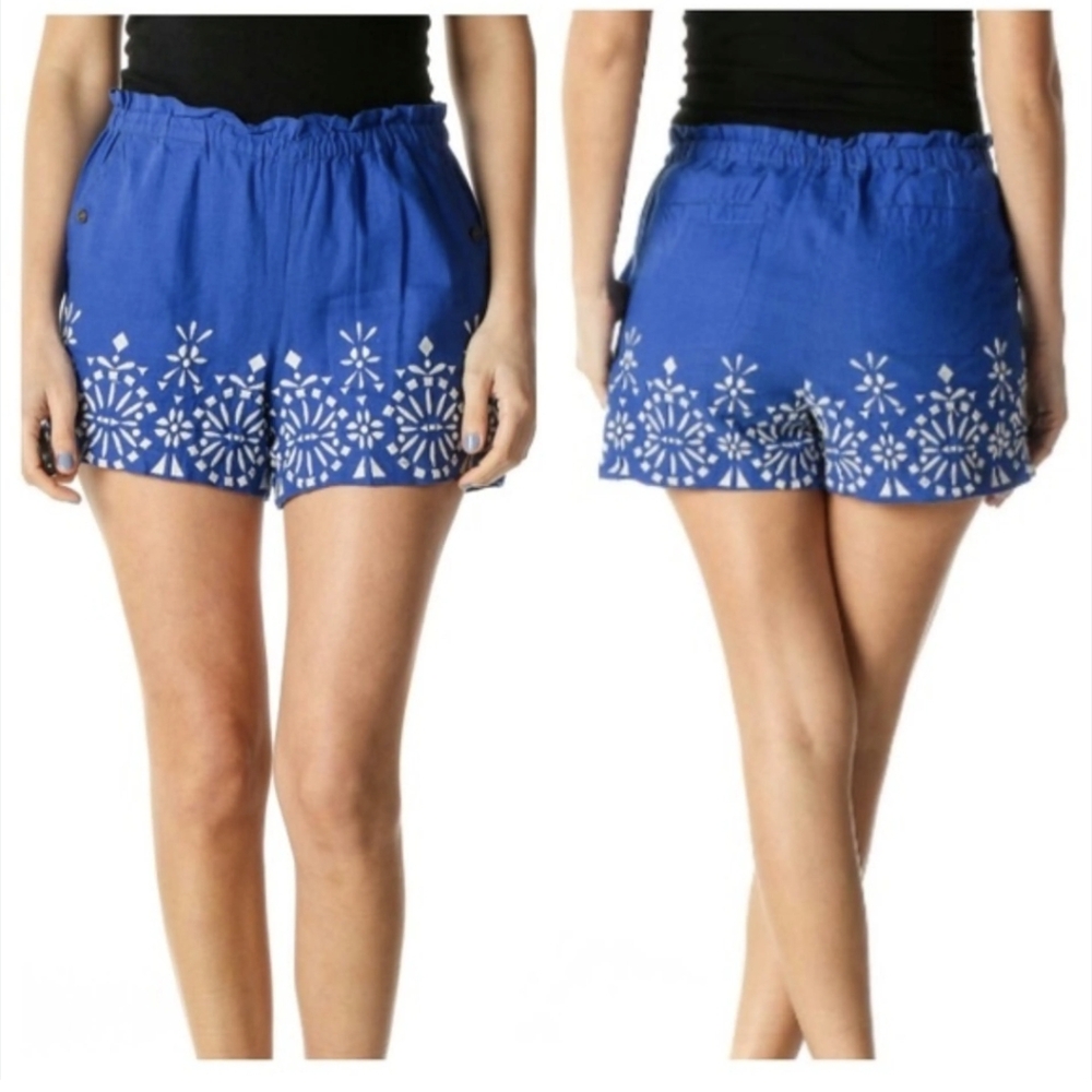 Anthropologie Linen Shorts Womens Large Blue White Embroidery Pockets